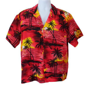 Palmwave Mens Red Tropical Pattern Button Up Short Sleeve Hawaiian Shirt Size L